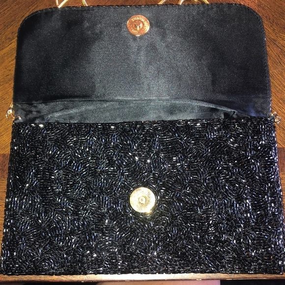 Valerie Stevens Black & Gold Tone Vintage Seed Bead Beaded Evening Bag Clutch - Picture 8 of 14